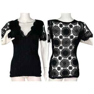 Vtg Y2K 90s Crochet Babydoll Top Sweater Grunge Goth Boho Black Size S
